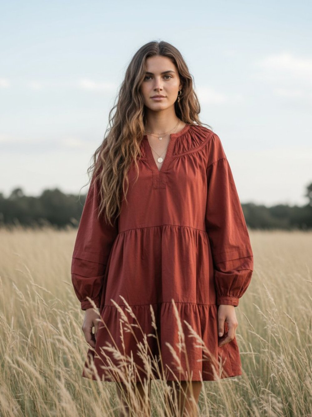 Loft M Swing Dress Orange Tiered Cotton Mini Prairie Boho Cottage Rustic Office